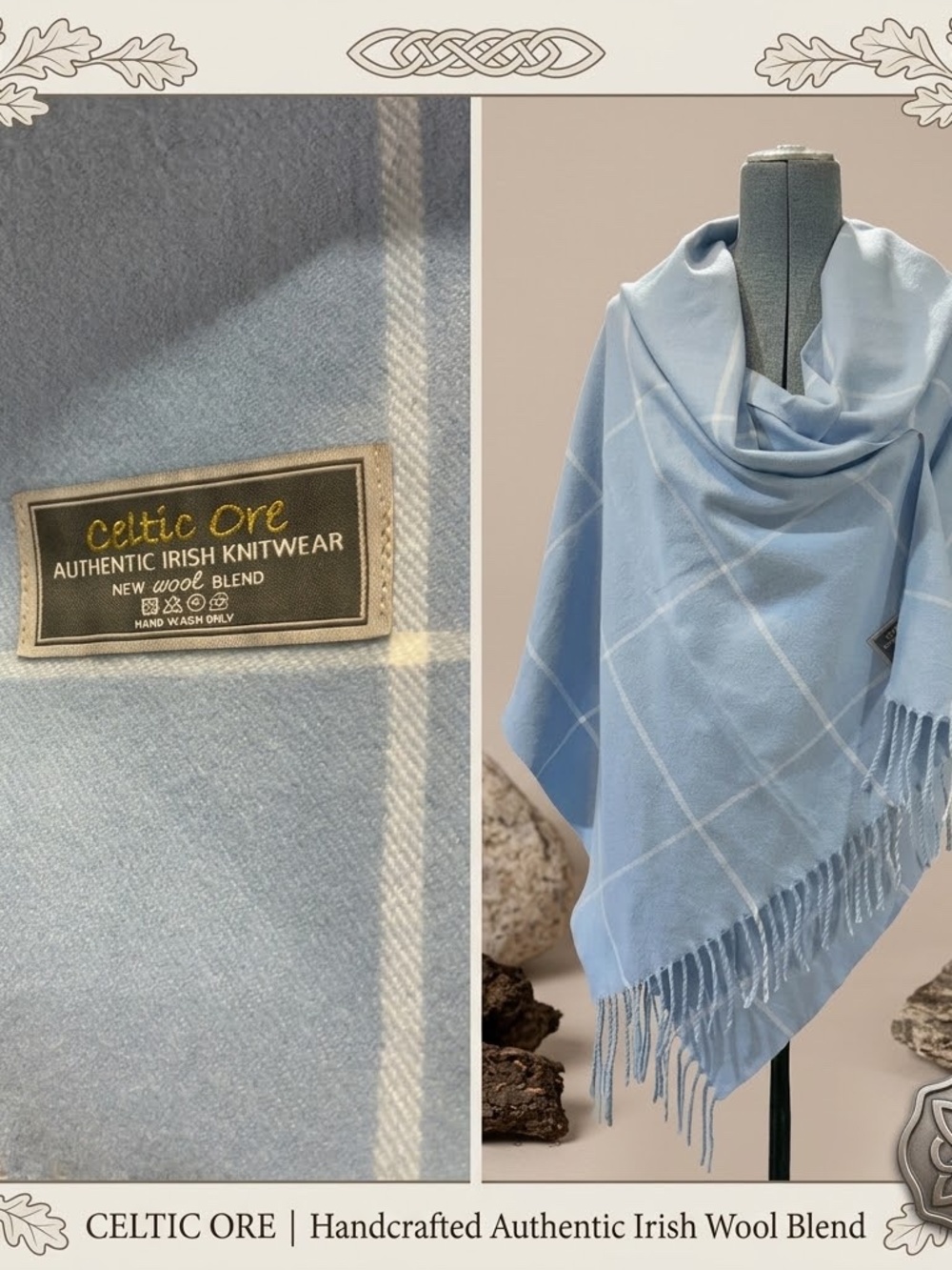 Celtic Ore Irish Knitwear Sky Blue Plaid Wrap Scarf Soft Wool Blend Fringe Shawl